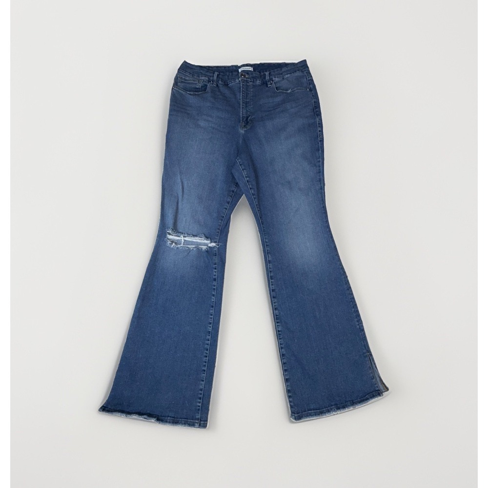Good American Good Flare High Rise Distressed Jeans Hem Slit Women's SZ 20 37x32